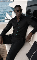 MASUTTO JET BLACK LS 100% SATIN ITALIA SPREAD COLLAR SEMI FITTED