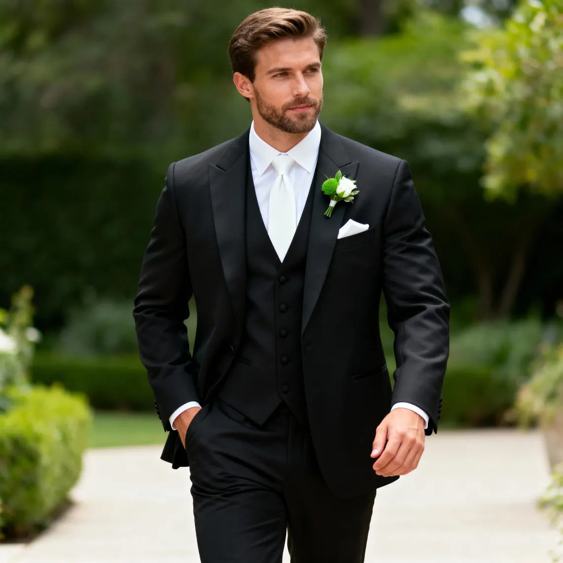 BLACK PURE WOOL PEAK LAPEL TUXEDO